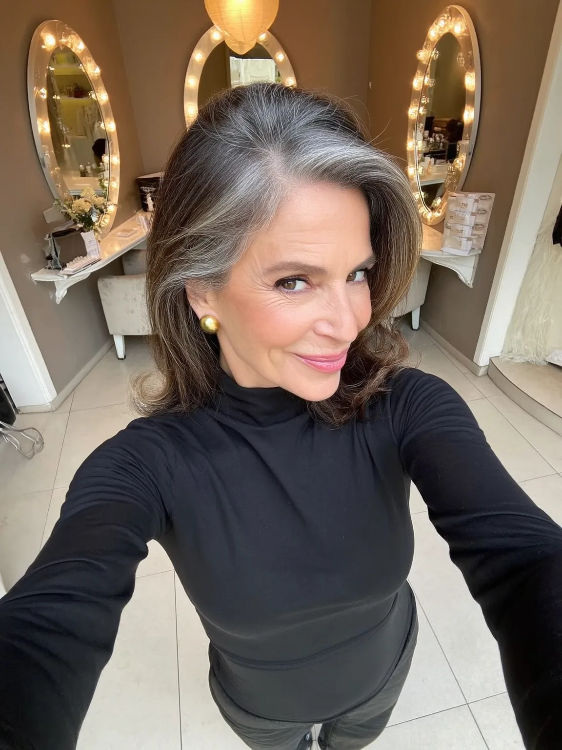 Classic Shoulder-Length Layers with Side-Swept Silver Waves
